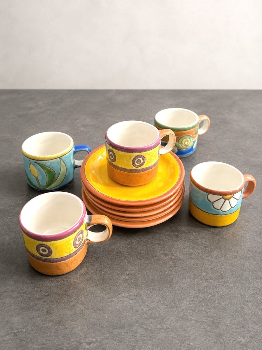 Vintage Vega Hand Painted Espresso Coffee Cup Saucer Set Ecuador Set of 5